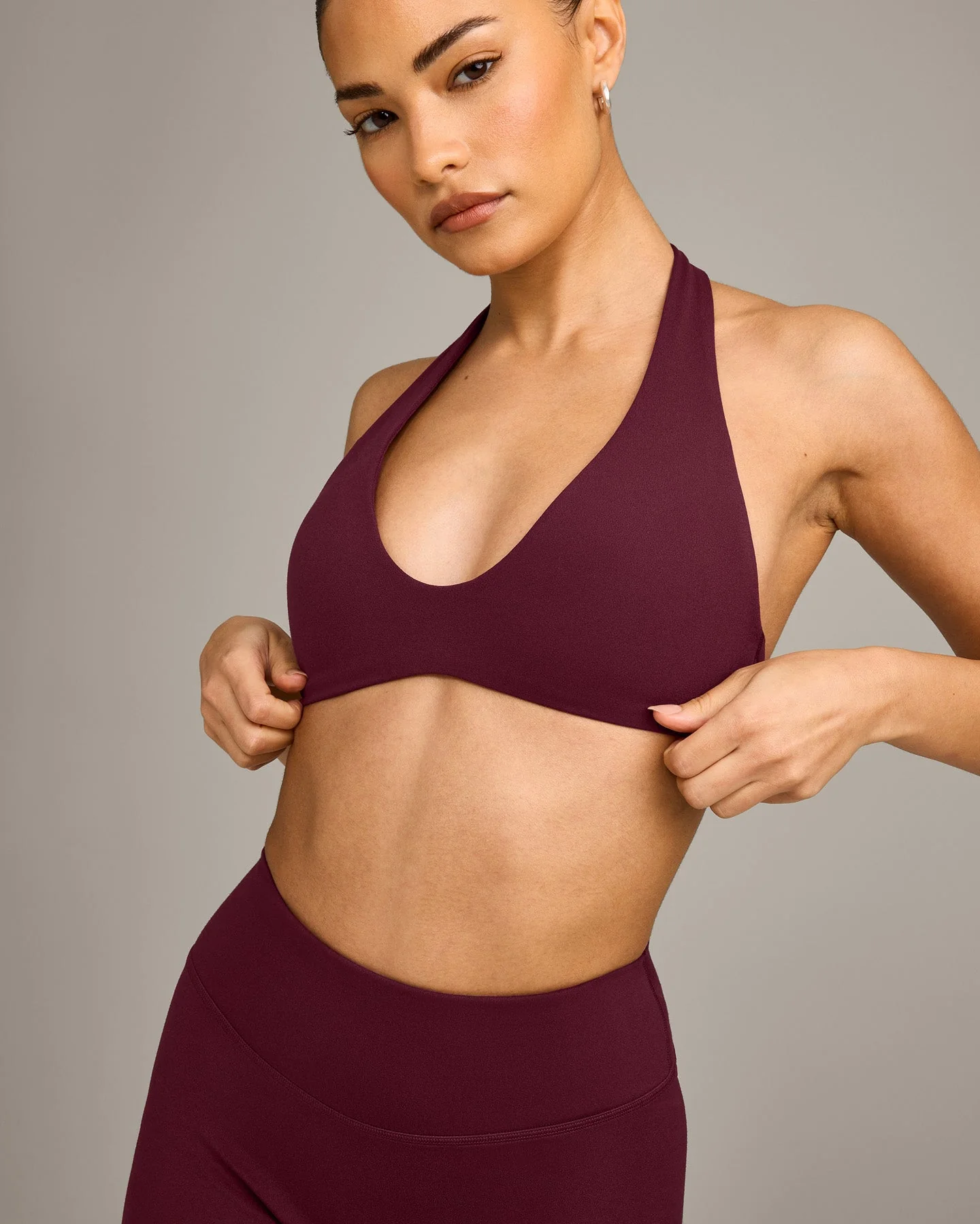 SoftMotion™ Minimal Halter Neck Bralette with Grey Logo | Cherry Lacquer Purple - Image 5