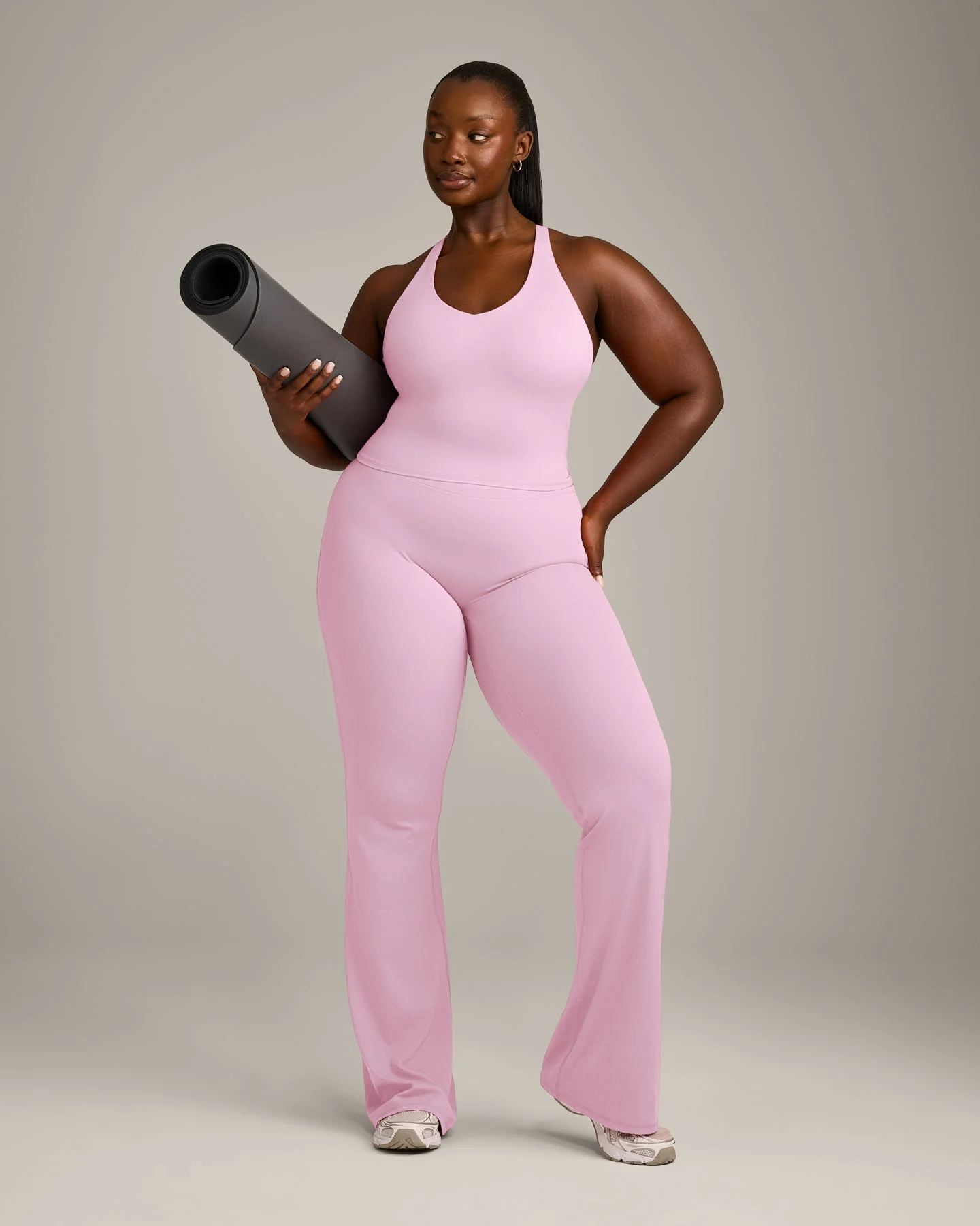 SoftMotion™ Racer Back Mid Vest with Built in Bra Shelf with Grey Logo | Chalk Pink - Image 2