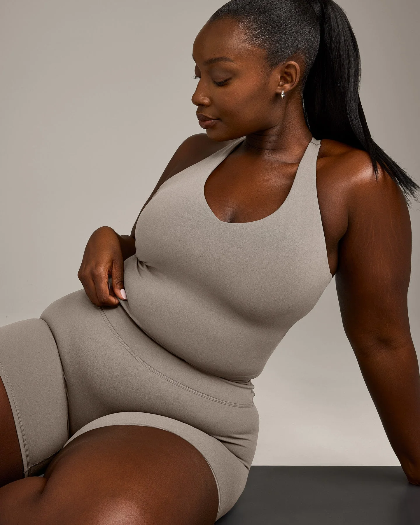 SoftMotion™ Racer Back Mid Vest with Built in Bra Shelf with White Logo | Warm Sand - Image 4