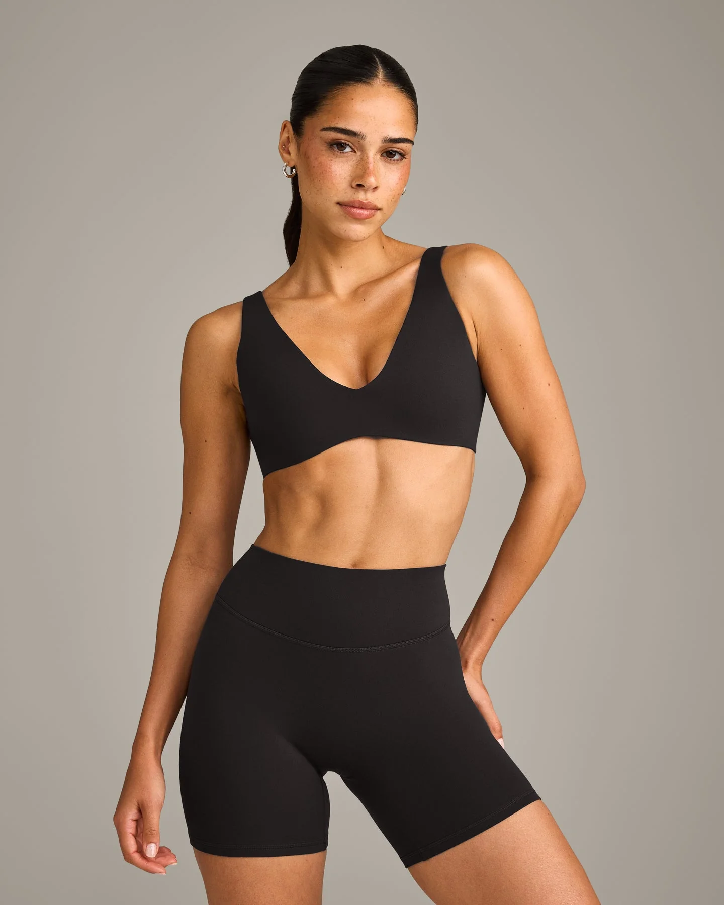 SoftMotion™ Scoop Back Bralette with Grey Logo | Black