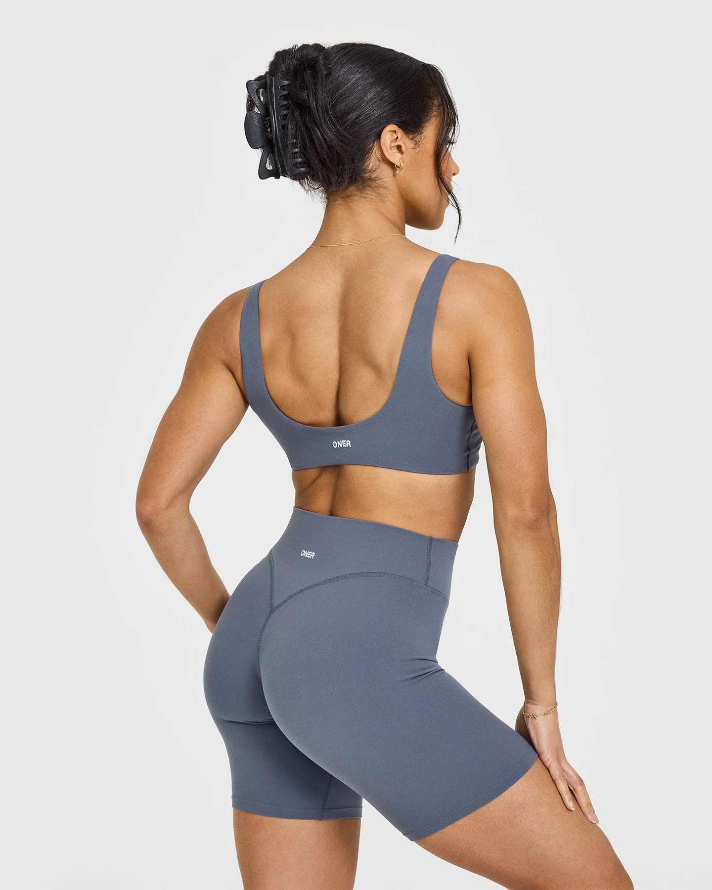 SoftMotion™ Scoop Back Bralette with White Logo | Granite Blue - Image 2