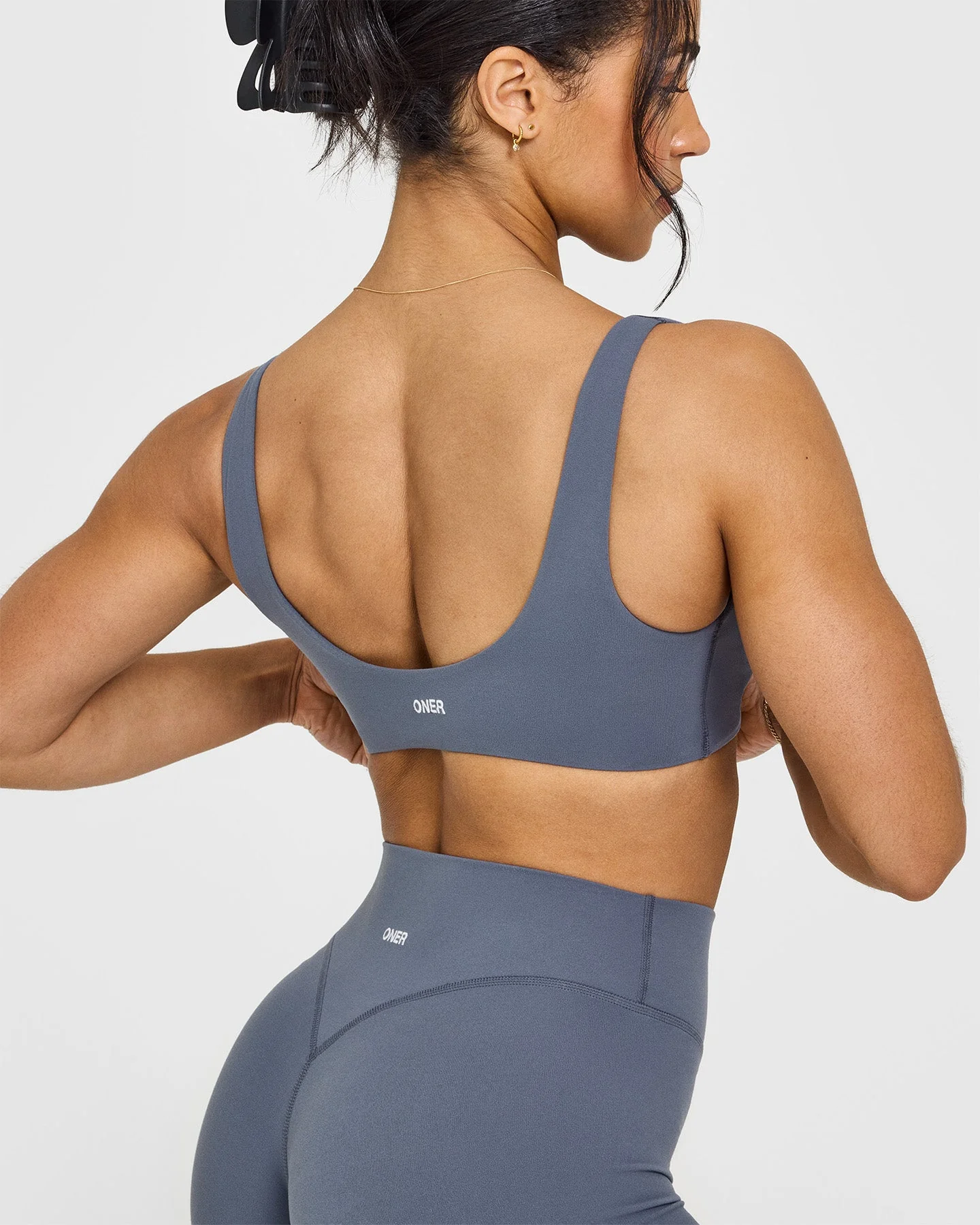 SoftMotion™ Scoop Back Bralette with White Logo | Granite Blue - Image 4