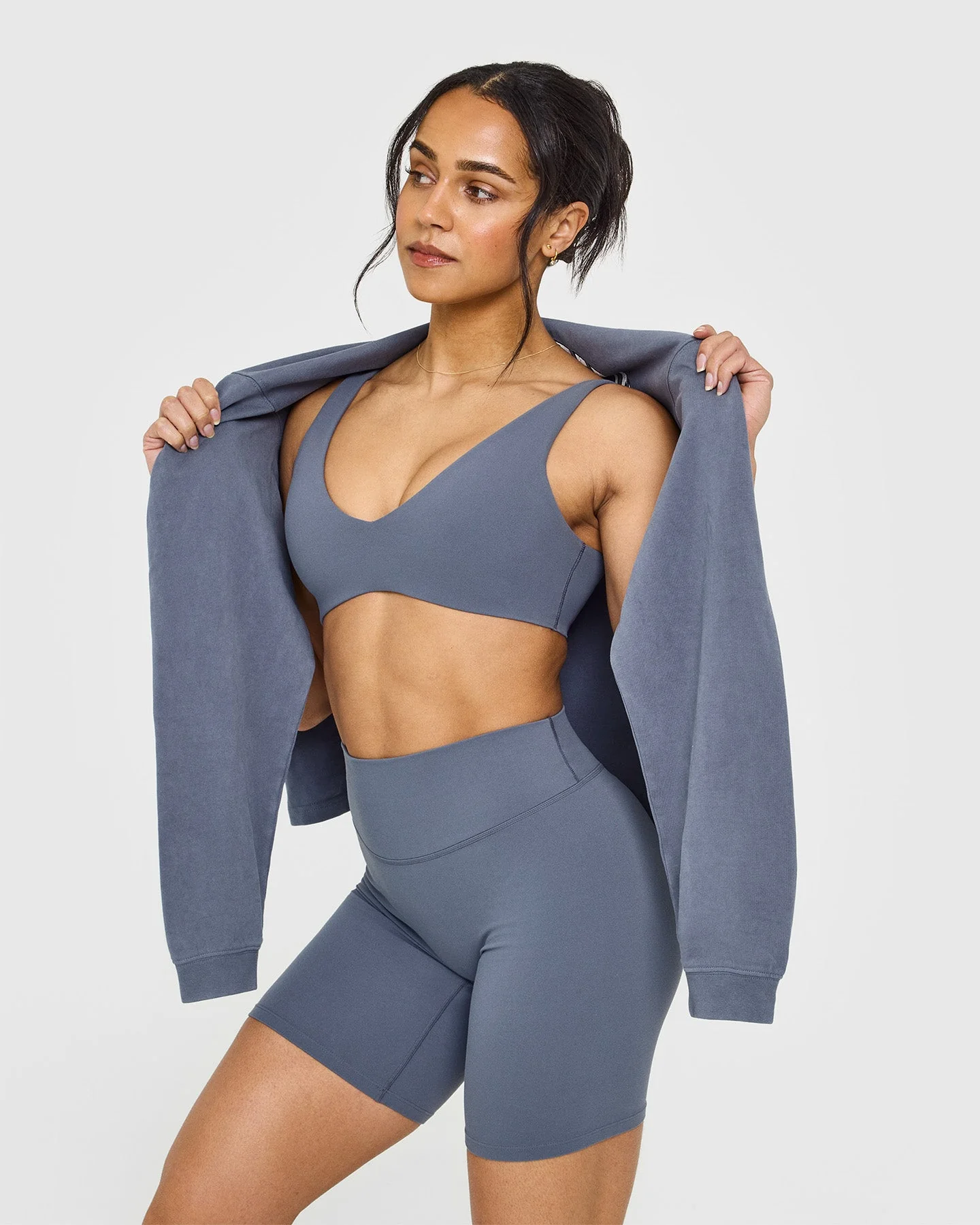SoftMotion™ Scoop Back Bralette with White Logo | Granite Blue - Image 6