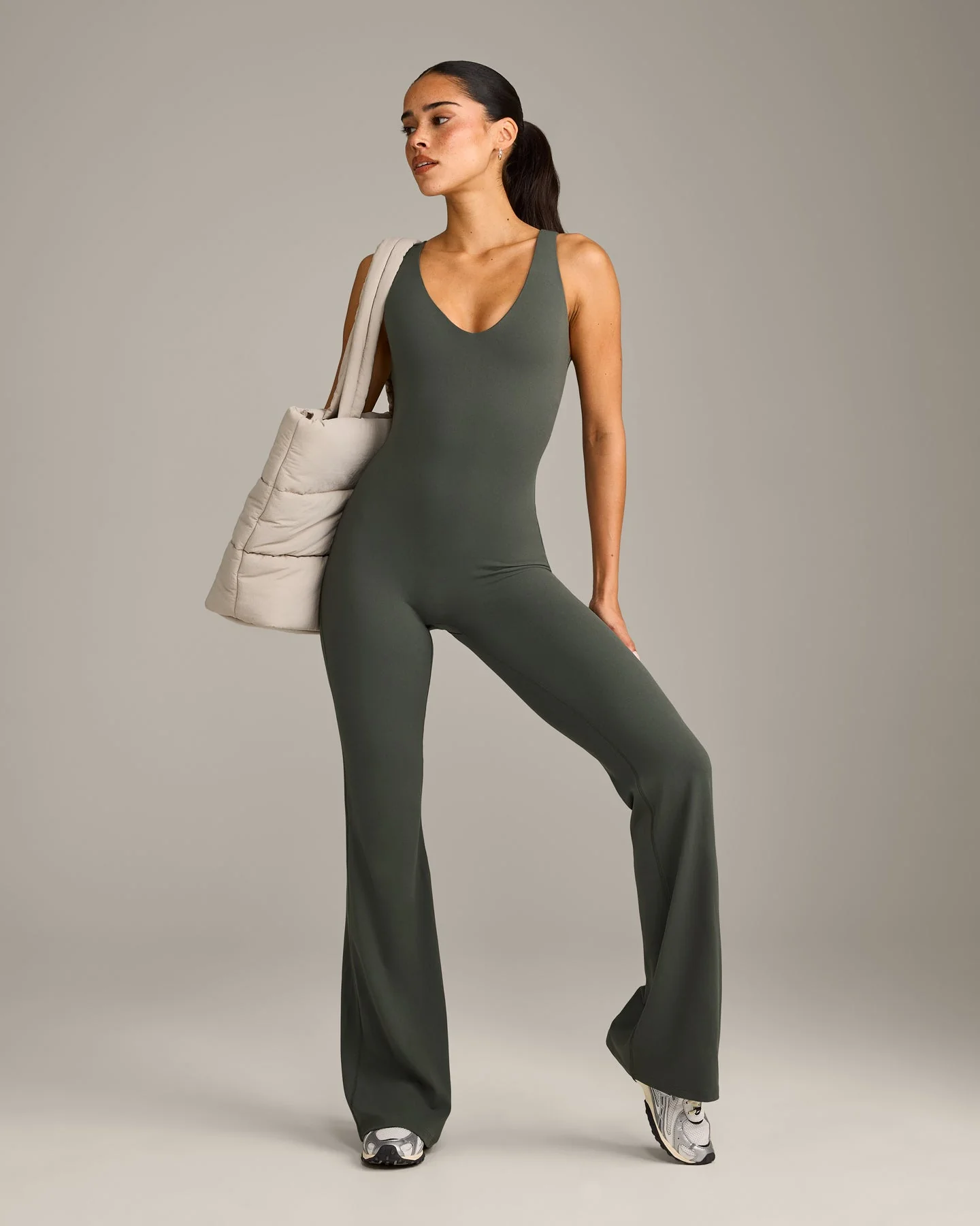 SoftMotion™ Scoop Back Flared All In One Long with Grey Logo | Dark Khaki - Image 3