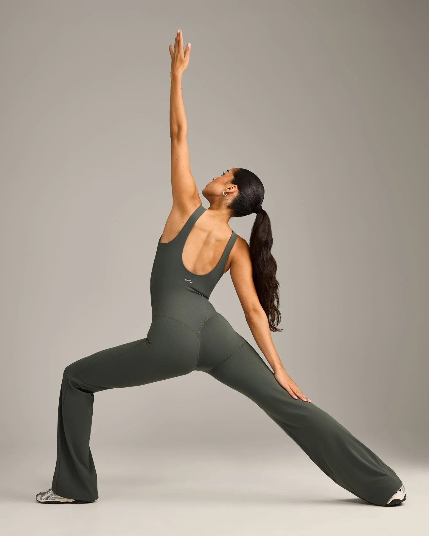 SoftMotion™ Scoop Back Flared All In One Long with Grey Logo | Dark Khaki - Image 6