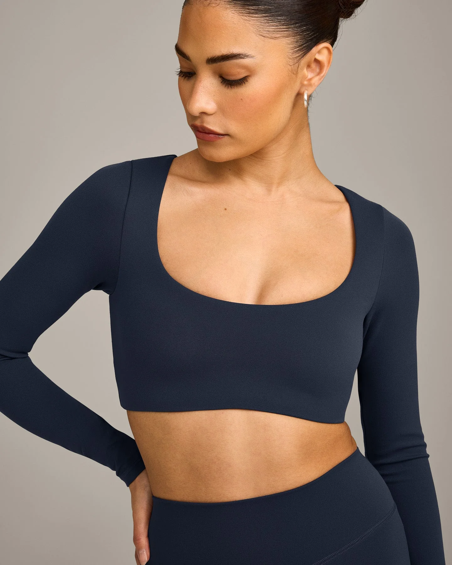 SoftMotion™ Scoop Neck Long Sleeve Crop Top with Built in Bra Shelf with Grey Logo | True Blue - Image 3