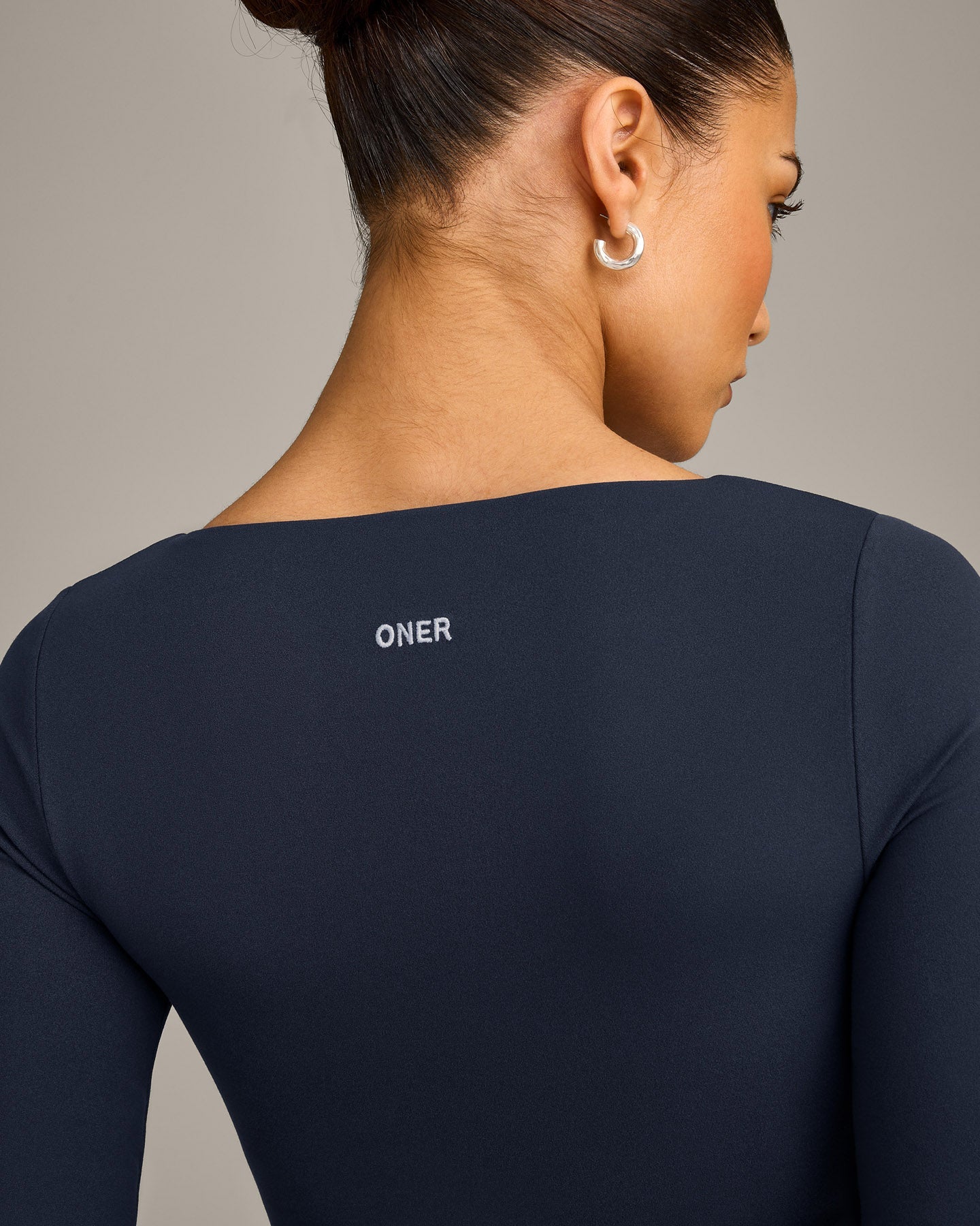 SoftMotion™ Scoop Neck Long Sleeve Crop Top with Built in Bra Shelf with Grey Logo | True Blue - Image 4
