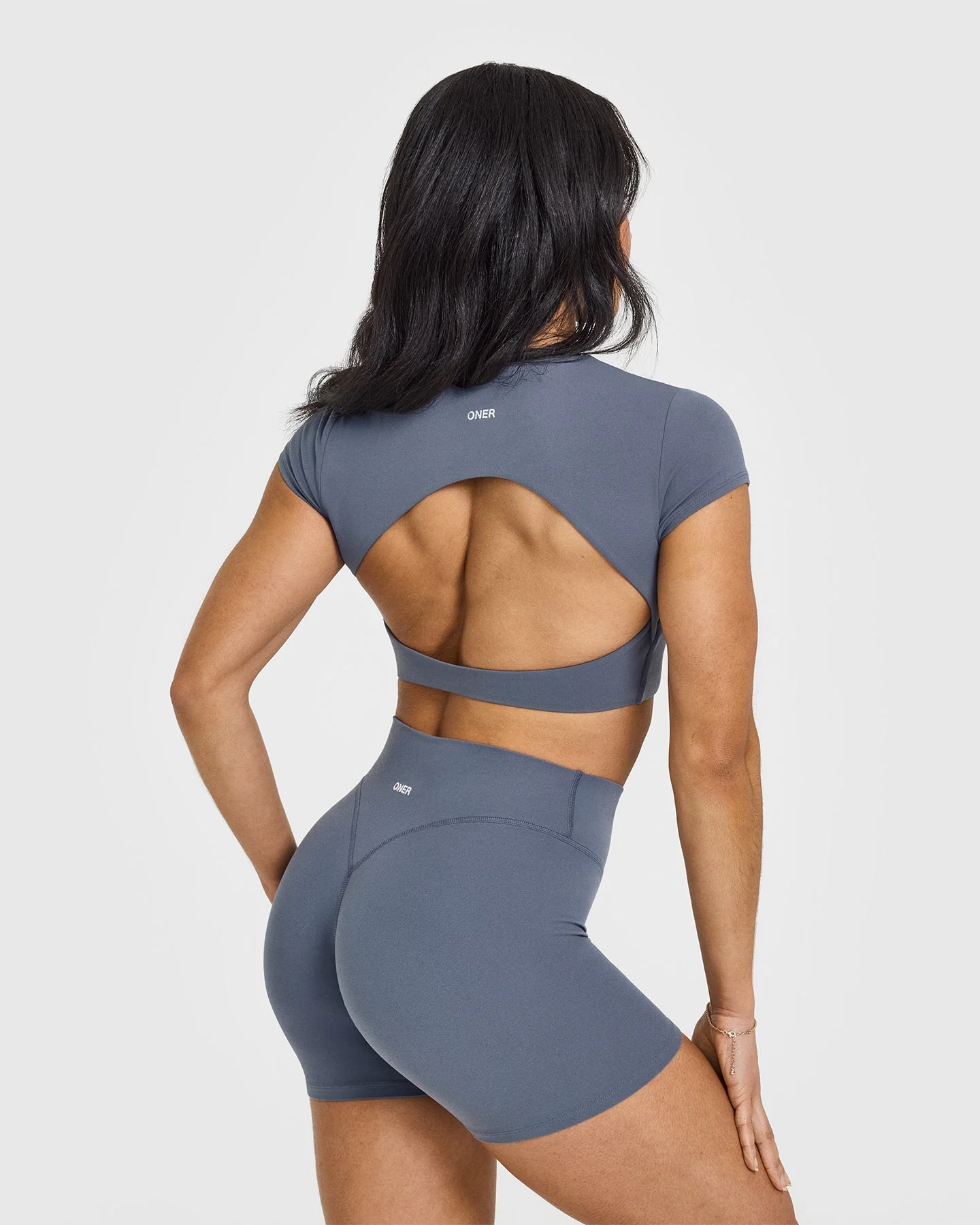SoftMotion™ Short Sleeve Crop Top with White Logo | Granite Blue - Image 2