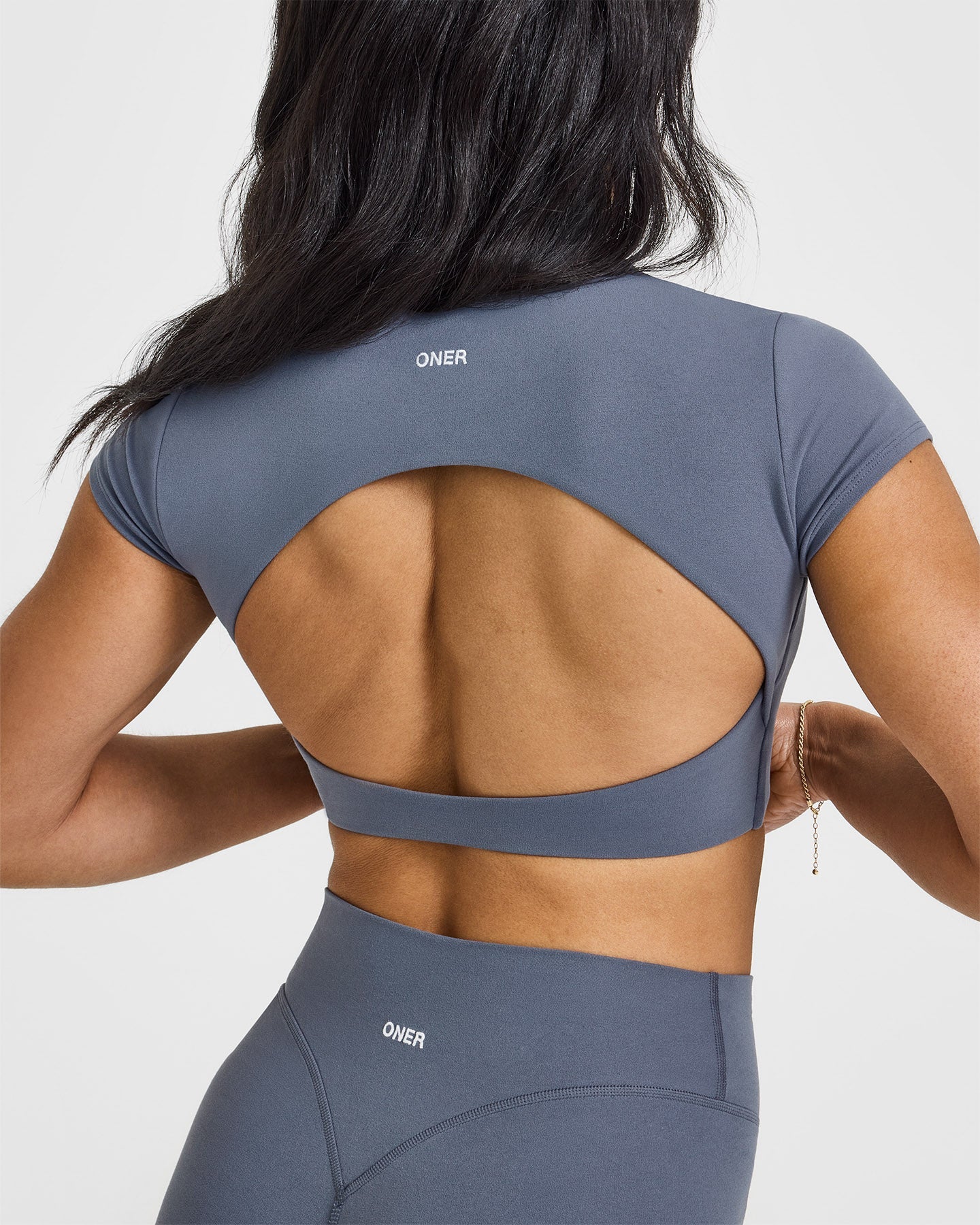 SoftMotion™ Short Sleeve Crop Top with White Logo | Granite Blue - Image 4