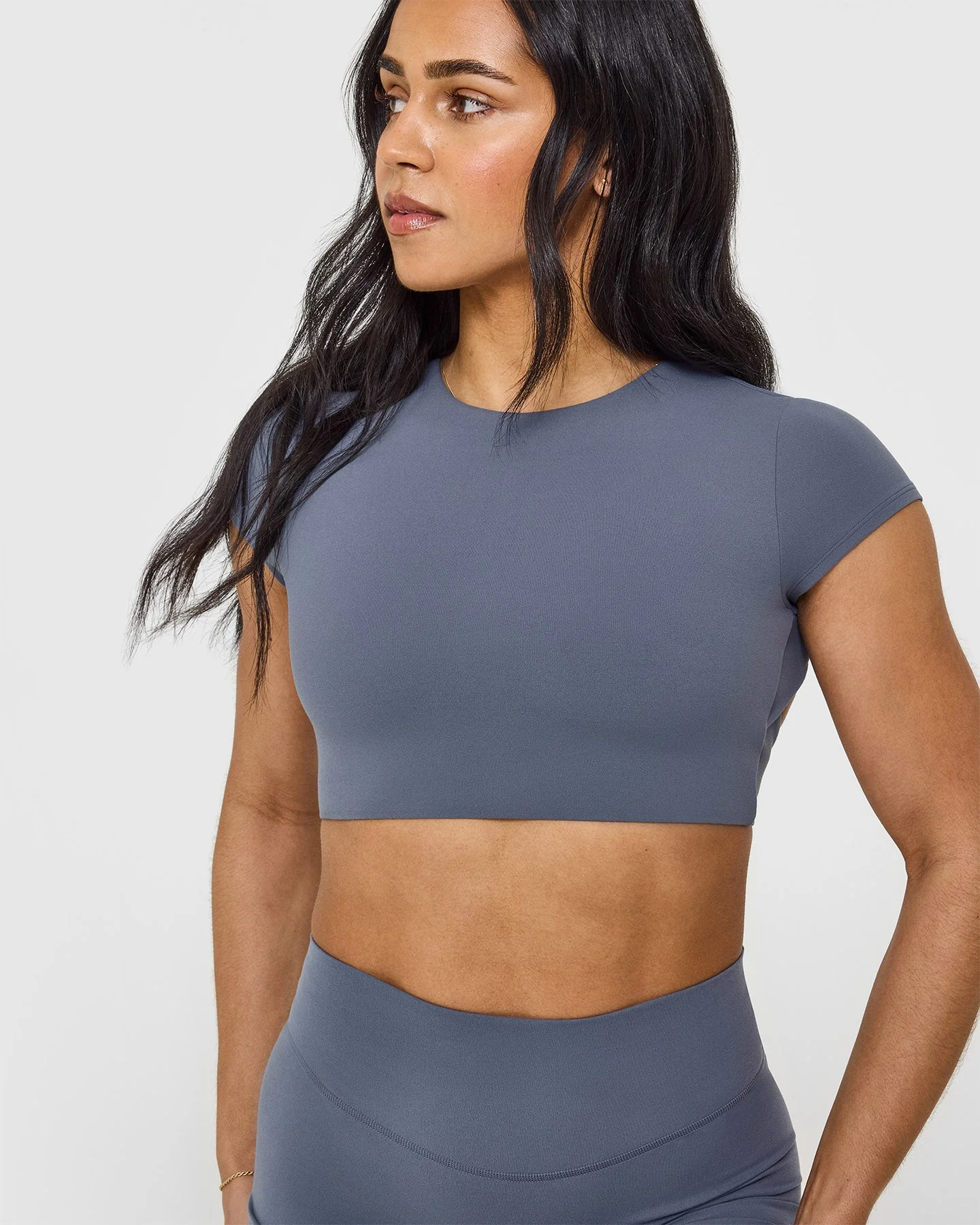 SoftMotion™ Short Sleeve Crop Top with White Logo | Granite Blue - Image 5