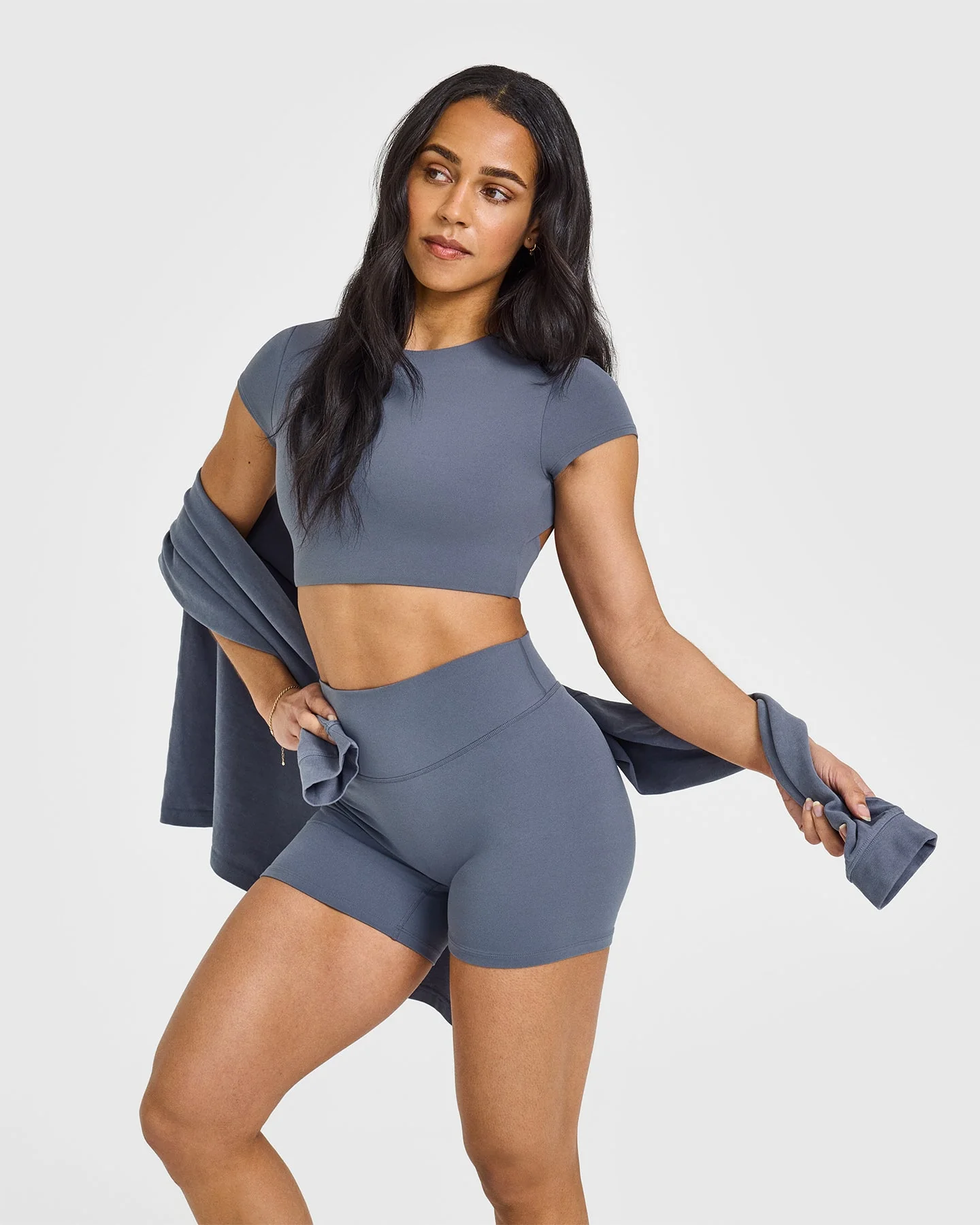 SoftMotion™ Short Sleeve Crop Top with White Logo | Granite Blue - Image 6