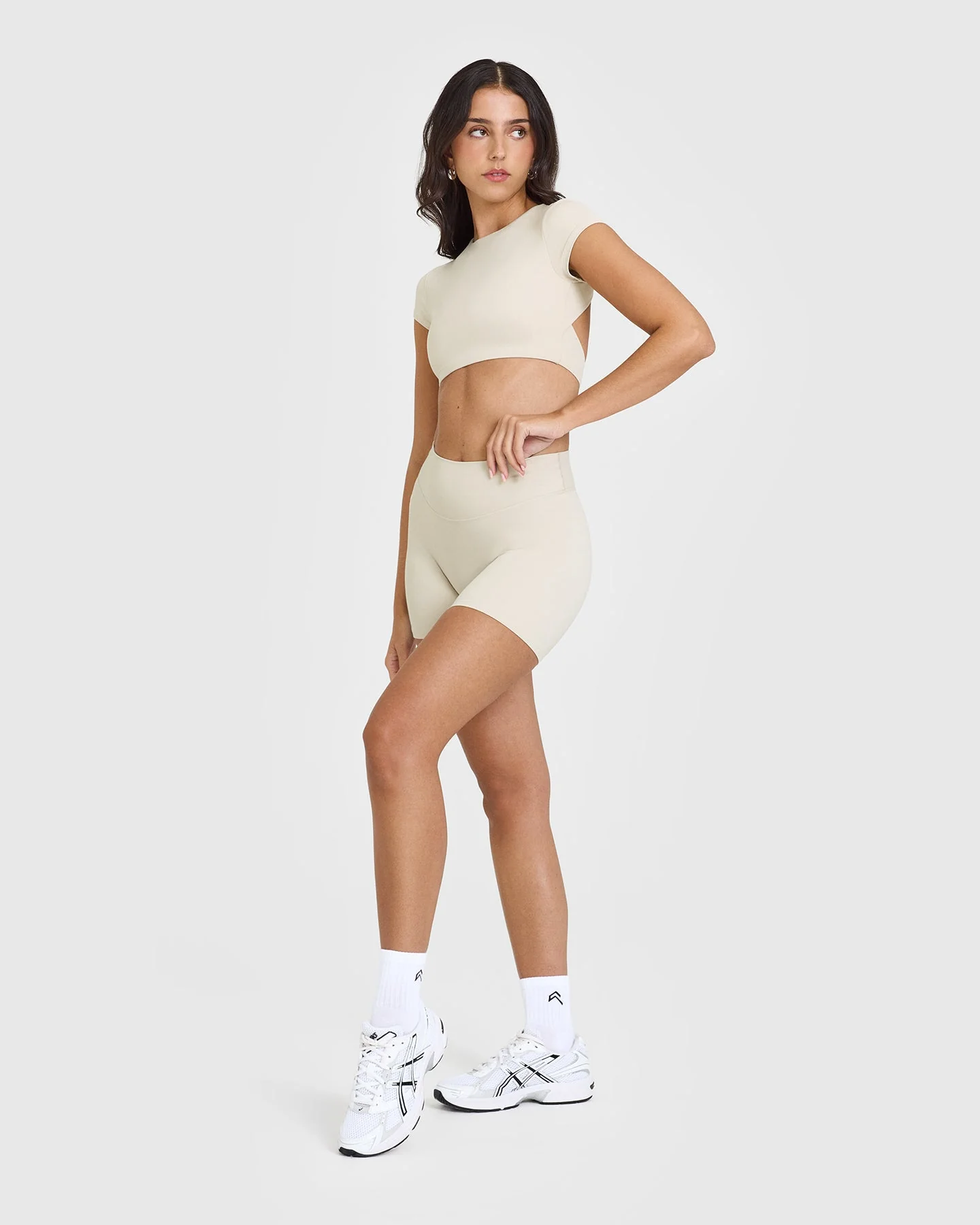 SoftMotion™ Short Sleeve Crop Top with White Logo | Sand - Image 3