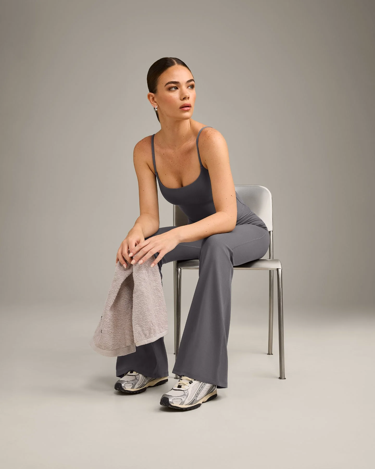 SoftMotion™ Strappy Mid Vest with Built in Bra Shelf with Grey Logo | Ash Grey - Image 2