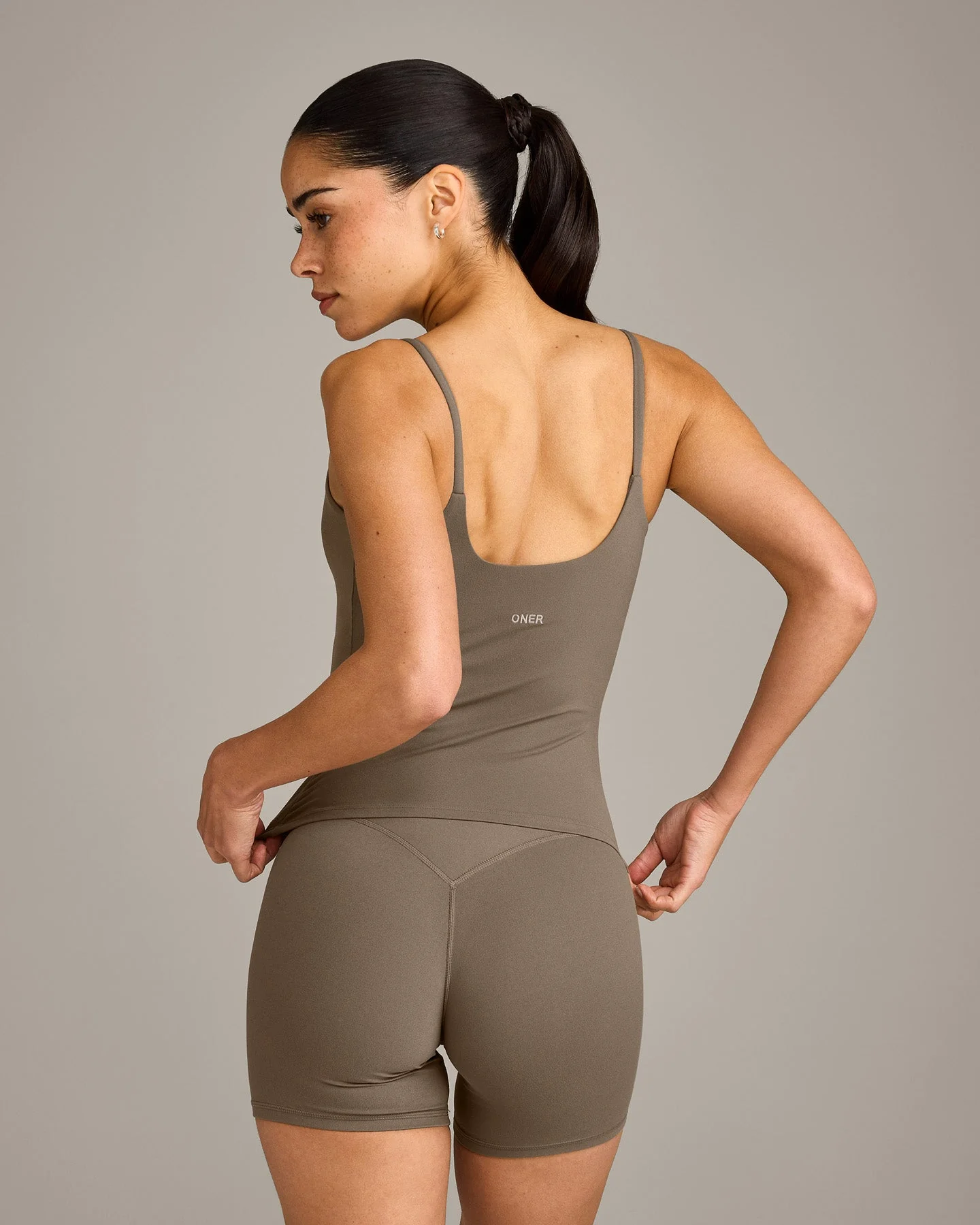 SoftMotion™ Strappy Vest with Built in Bra Shelf with Grey Logo | Moss Brown - Image 6